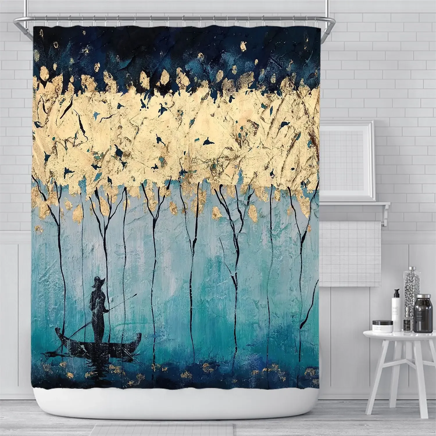 3D Nordic Style Art Painting Golden Shower Curtain Waterproof Bath Curtain Geometric Bath Screen Printed Floral Bathroom Curtain