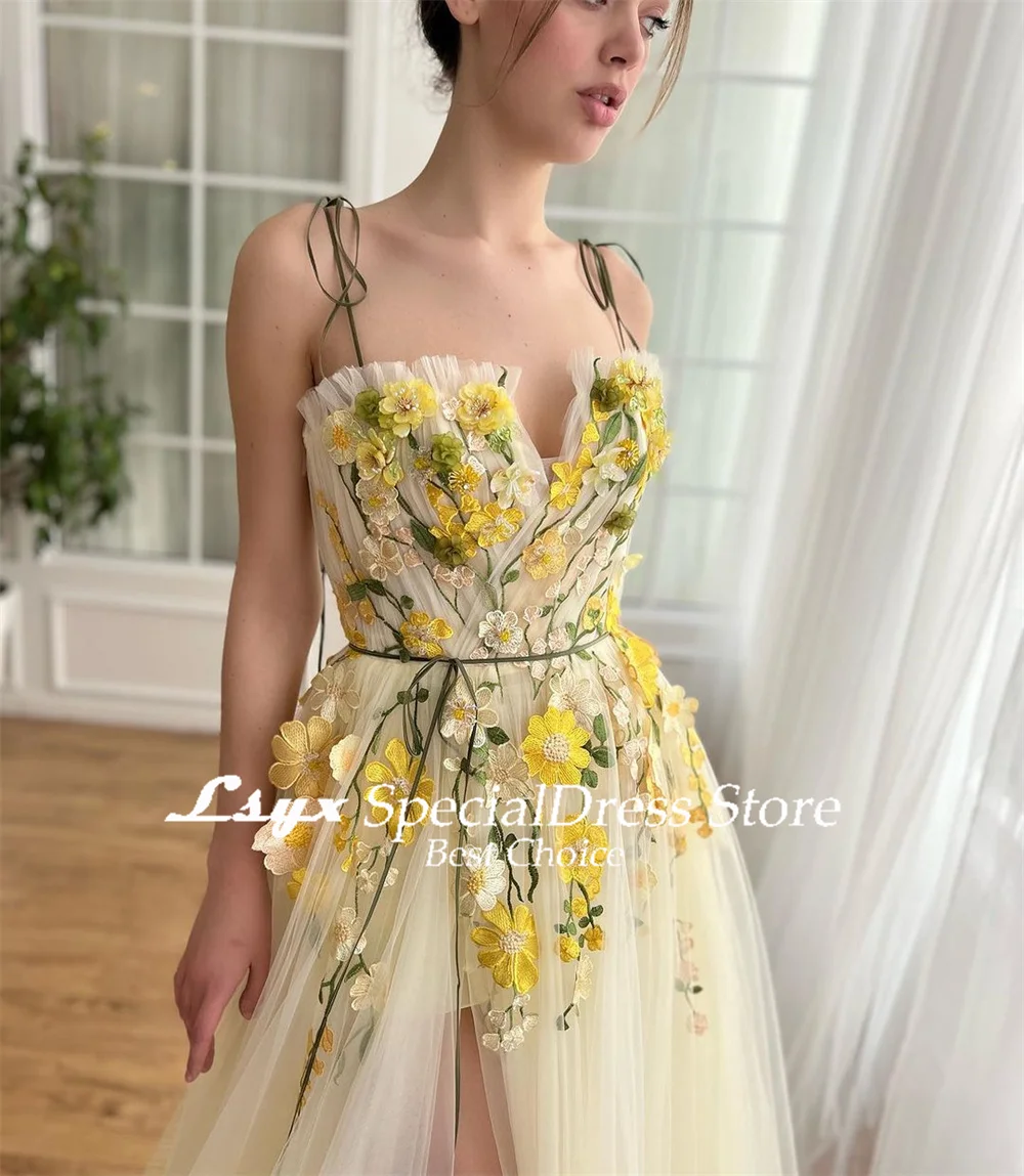 LSYX Yellow Pastrol Prom Gown A-line Floral Appliques Evening Dresses 2024 Fairy Spaghetti Strap Tulle Birthday Party Dresses