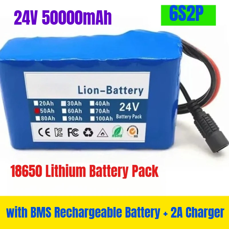 

24V 6S2P 50000mAh 18650 Lithium Battery Pack with BMS Rechargeable Battery + 2A Charger