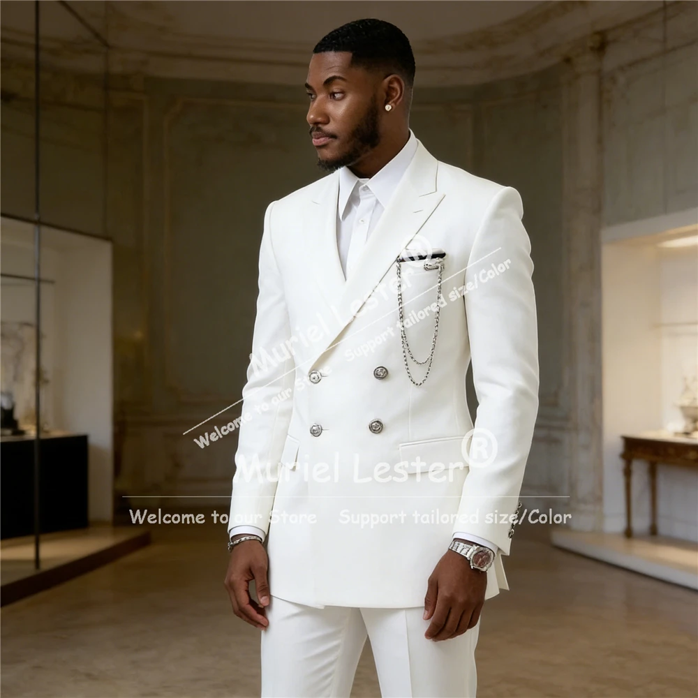

Classic White Suit Men For Wedding Double Breasted Jacket Pants 2 Piece Sets Groom Formal Wear Business Party Tuxedos Customized