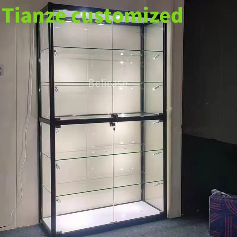 

(customized)FullWall Glass Display Cabinet Removable Glass Shelves Showcase with Led Lighting Smoke Shop