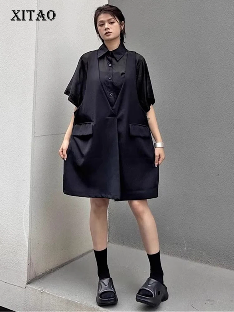 

XITAO Pocket Patchwork Dress Solid Color Fake Two Pieces Single Breasted Short Sleeve Temperament Summer Woman Dress ZMY1309