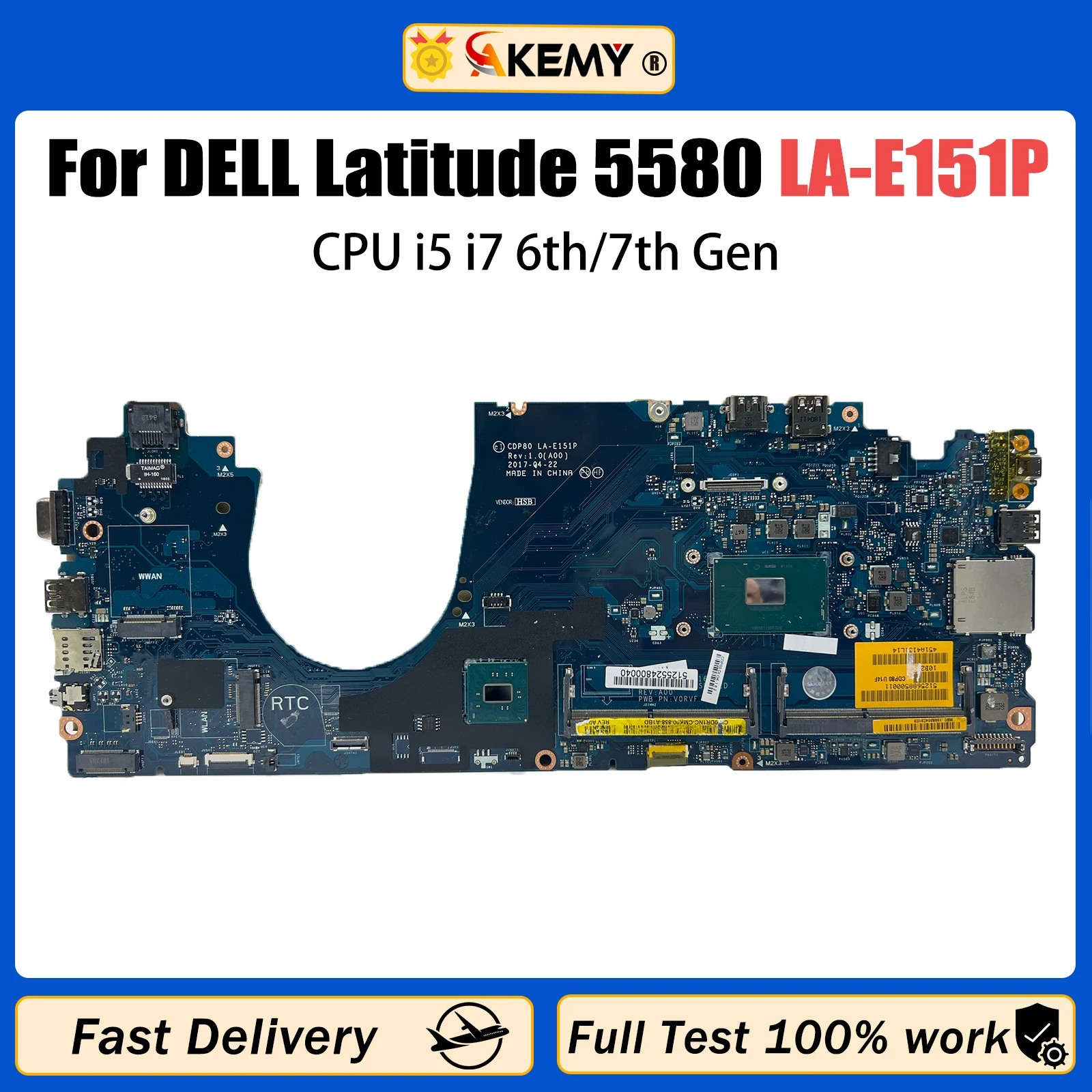 

AKEMY For Dell Latitude 5580 Notebook Mainboard Laptop LA-E151P 0GDGX9 0F3F59 0YWD70 0DR1NC Motherboard CPU i5 i7 6th/7th Gen