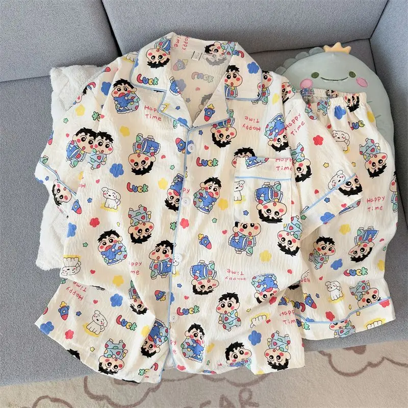 2Pcs Crayon Shin-Chan Pajamas Woman Short Sleeved Shorts Summer Thin Cartoon Girls Student Home Clothes Comfortable Breathable