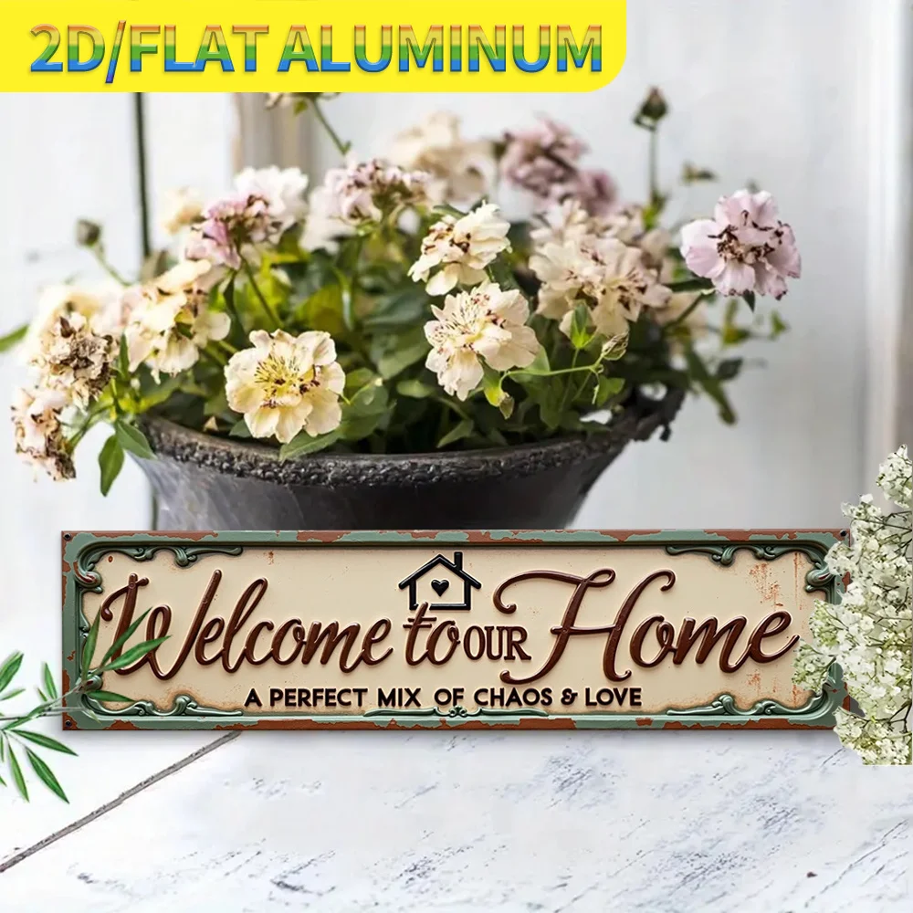 2D Flat, 1pc 2D Flat Whimsical Family Love Shack Vintage Finish Textured Metal Sign - Elegant Floral Design with Playful Saying view 5