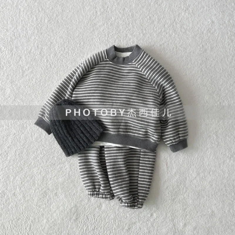 

Детский осенний комплект из 2 предметов, полосатый спортивный костюм для мальчиков и девочек, спортивный модный топ с длинными рукавами и круглым вырезом на флисовой подкладке + брюки