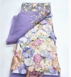 Embroidered fabric with 3D flower, flower fabric, handmade, DIY, wedding dress, sewing, colorful, lace