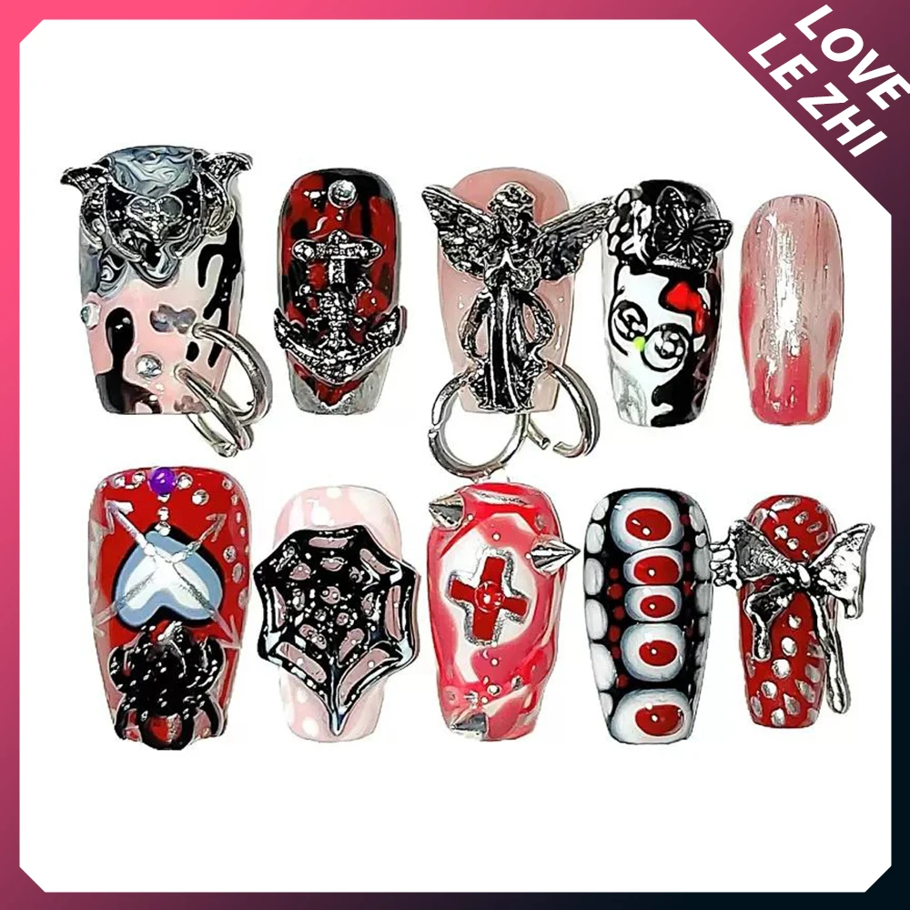 

Handmade Punk Y2K Press On Nails Goth Style Black and Red Halloween with Design Full Cover Short Coffin Custom Acrylic Nail Tips