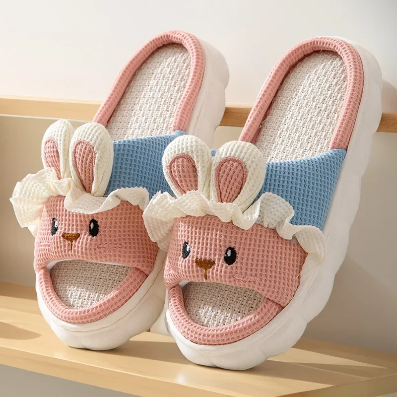 Cute Rabbit Slippers For Womens Autumn Cartoon Flip Flops Lady Cotton Linen House Shoes Slides Four Season Casual Home Slippers