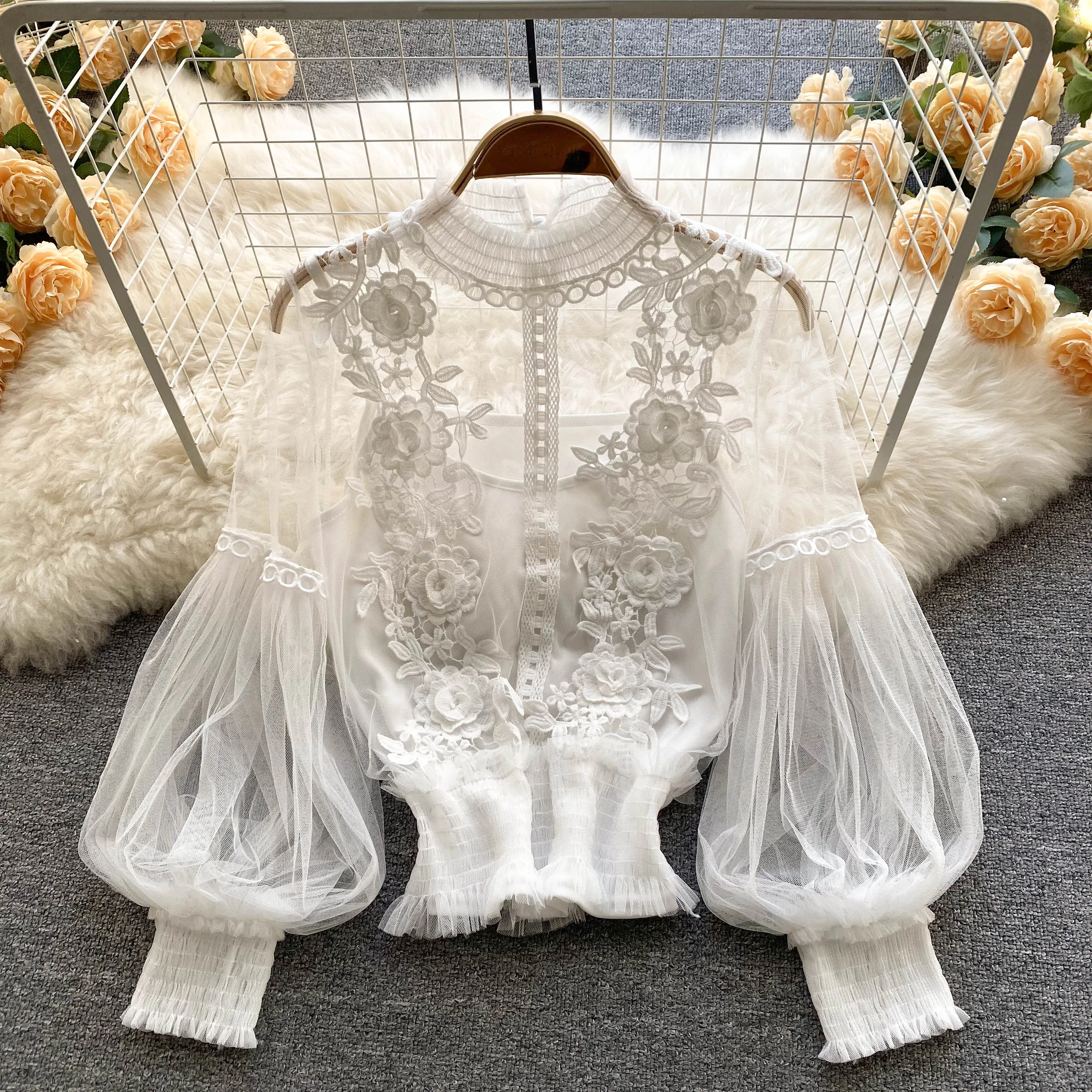 Elegant Lace Gauze Patchwork Long Sleeve Blouse Chic Vintage Korean Fashion Crop Top Women Autumn Shirts Gothic Clothing