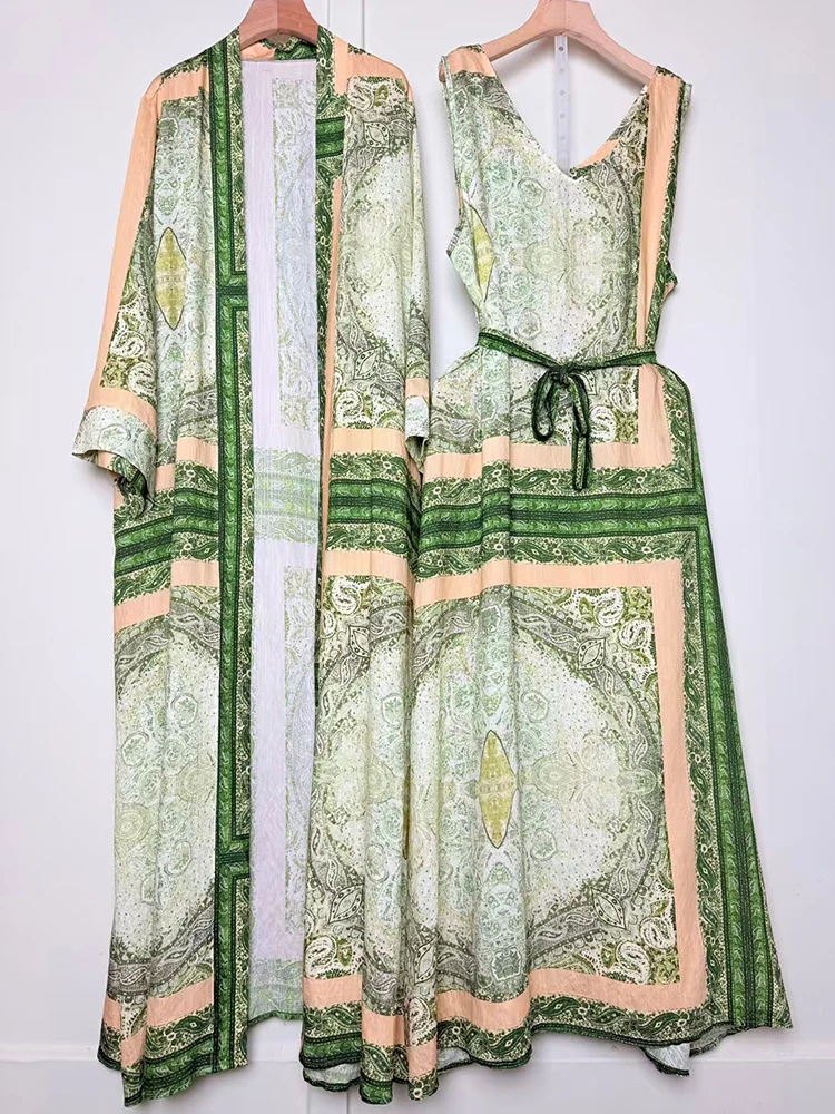 Retro geometric print long cardigan jacket two-piece set for 2025 autumn women's wear + loose sleeveless vest dress fashion set