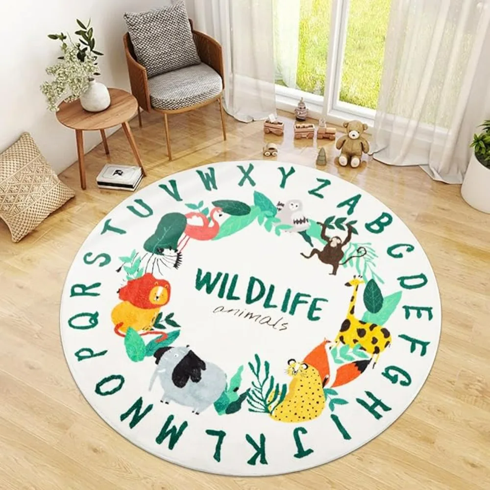 ABC Fruit PlayMat Round Alphabet Rug for Kid Playroom Preschool Classroom Floor Mat with ABC Numbers Animals Educational Design