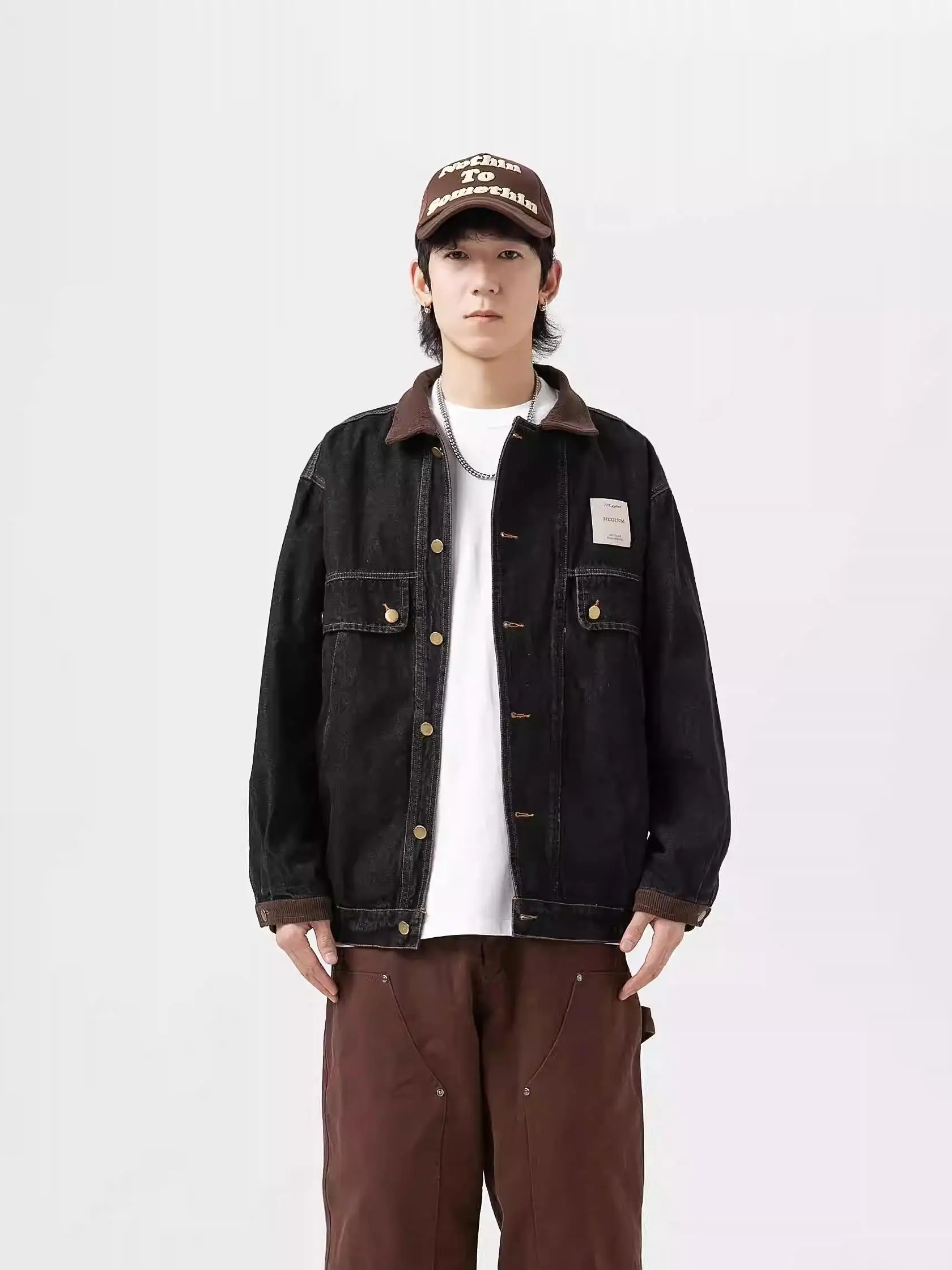 

Джинсовая куртка NEOISM свободного кроя в американском стиле для мужчин и женщин, ретро-дизайн, весенне-осенний топ, молодежный стиль, с воротником