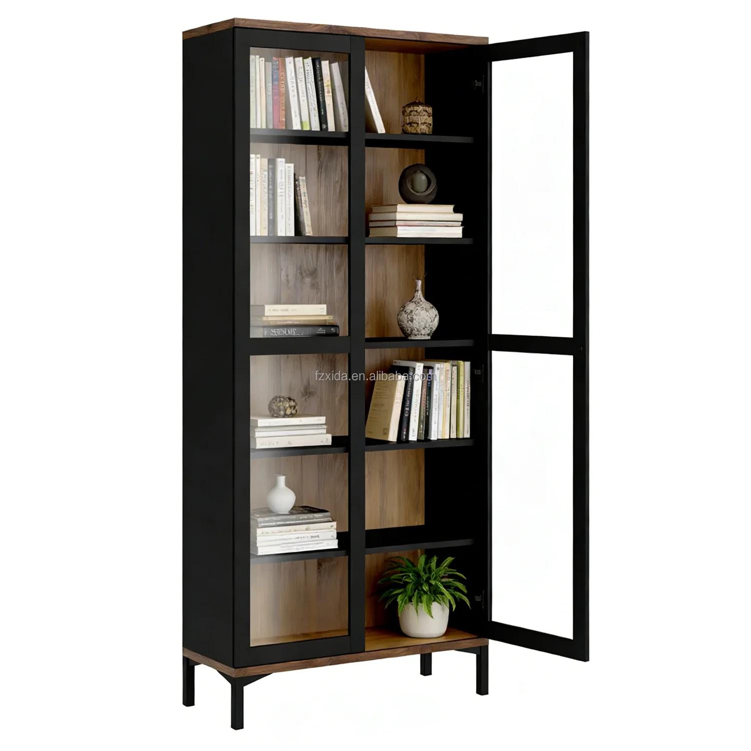 Modern Wood Bookcase, 2-Door Panel Wood Minimalist Bookshelf, 88.7x36.3x202.8cm Storage Cabinet, Display Rack for Home Office