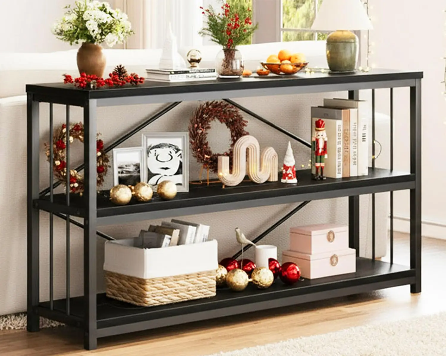 

Black Console Table Entryway Industrial Farmhouse 3-Tier Storage Shelves Metal Wood 55 Inch,Customized