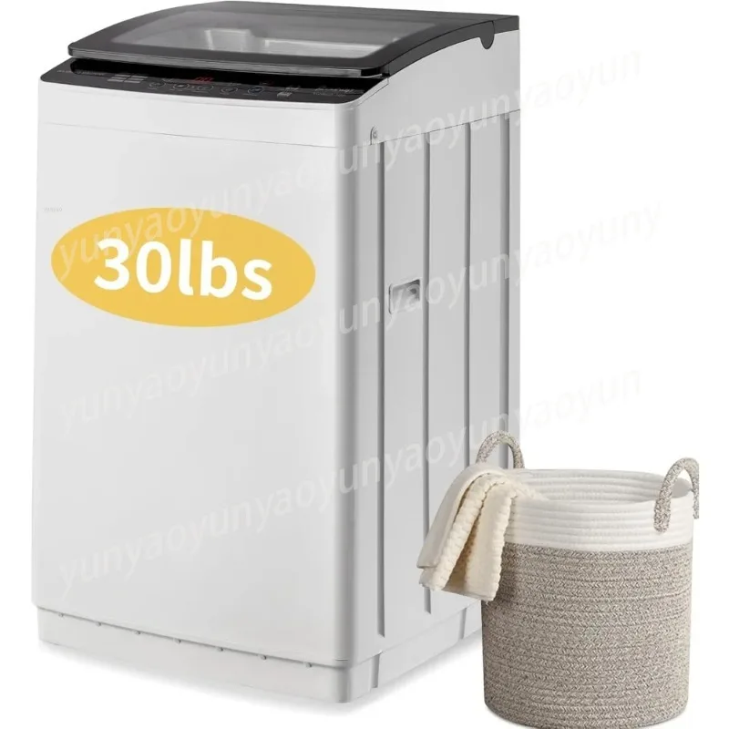 Full Automatic Washing Machine, 30Lbs Tempered Glass Lid Portable Washing with Drain Pump, 8 Wash Programs 5 Water Level