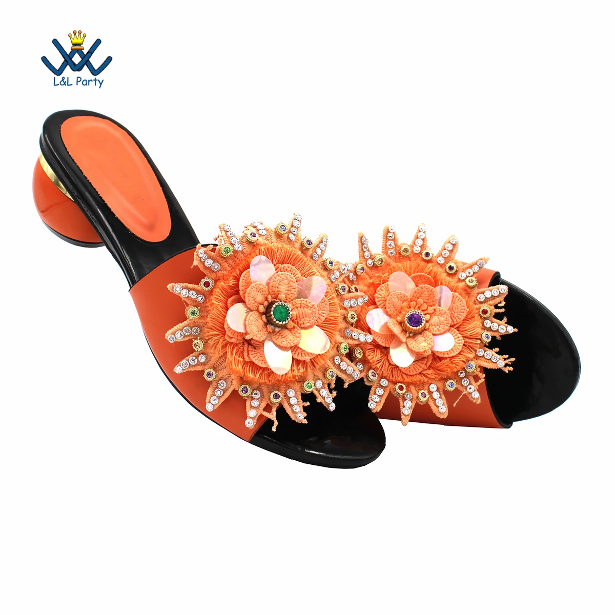 Orange High Quality Peep Toe Slipper wihtout Bag Flowers Design for Nigerian Royal Ladies Wededing Party