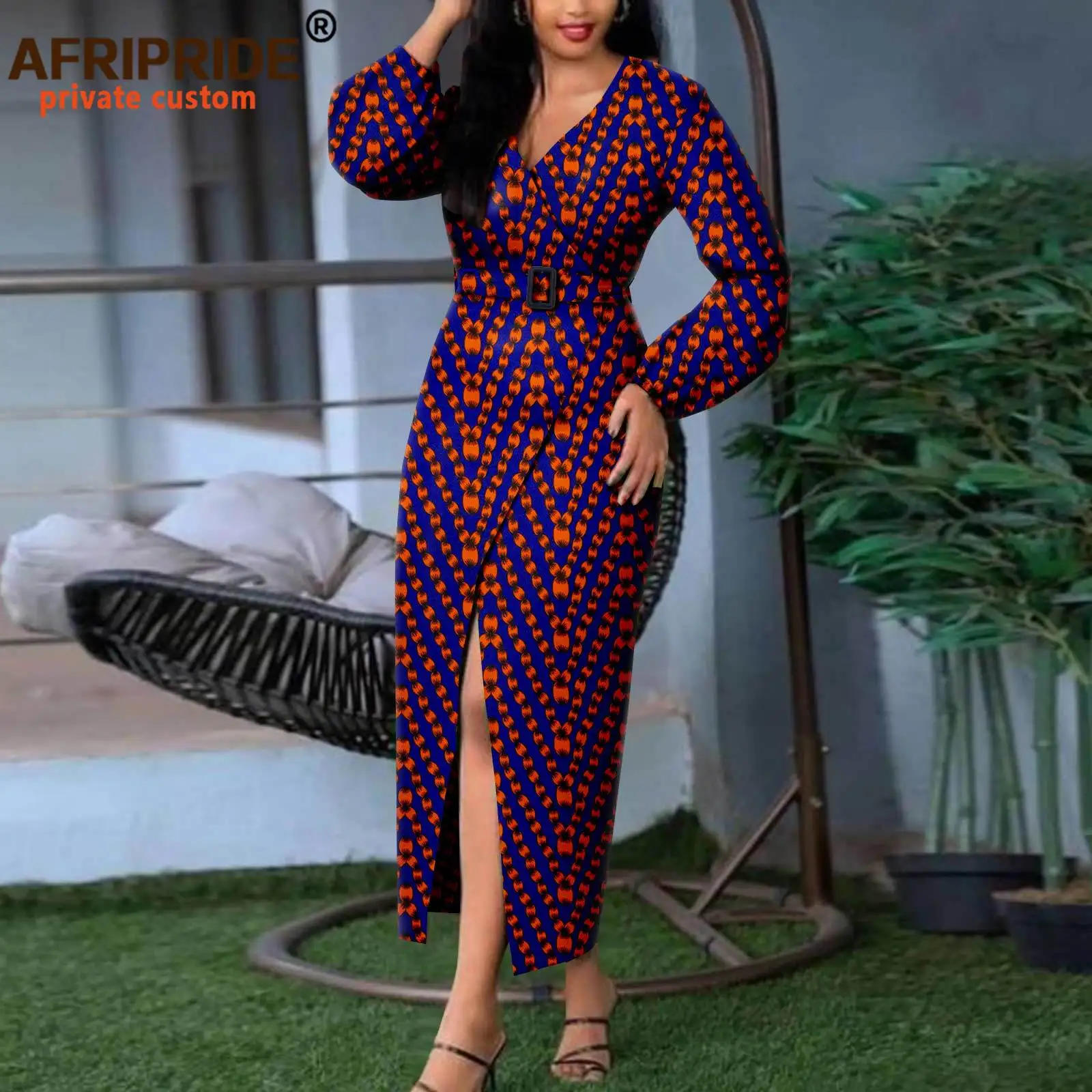 African Print Dresses for Women V-neck Long Sleeve High Waist Elegant Dress with Belt Ankara Clothes Dress Floral Wear A2225035