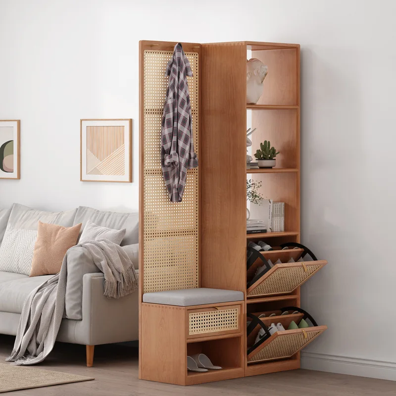 solid wood new household nailed medieval rattan shoe cabinet partition living room integrated entrance cabinet screen