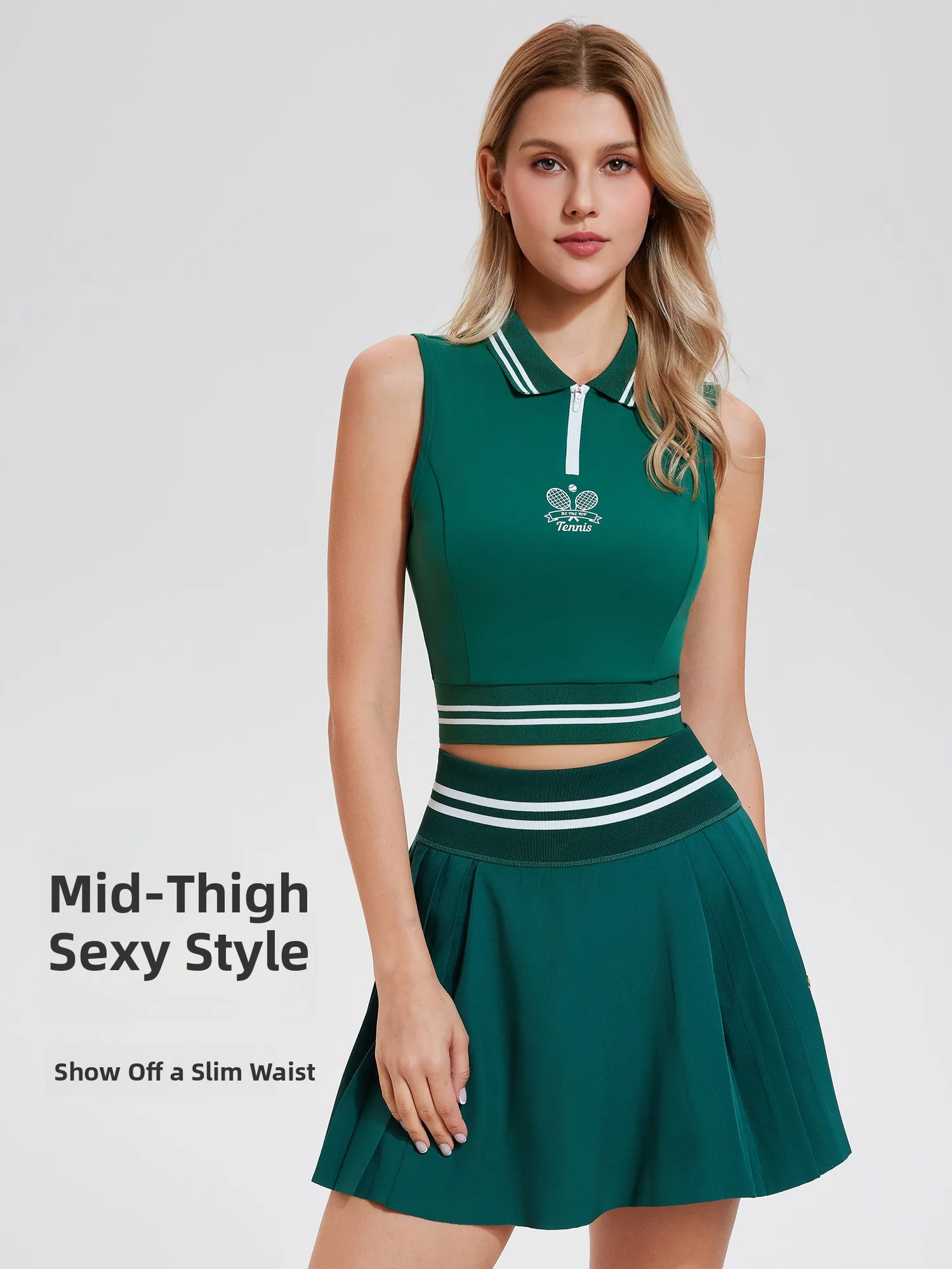 Coryfe Women's Sportswear Set High Waist Pleated Skirt Sleeveless  Collar Short Top Two Piece Set Color Block Design