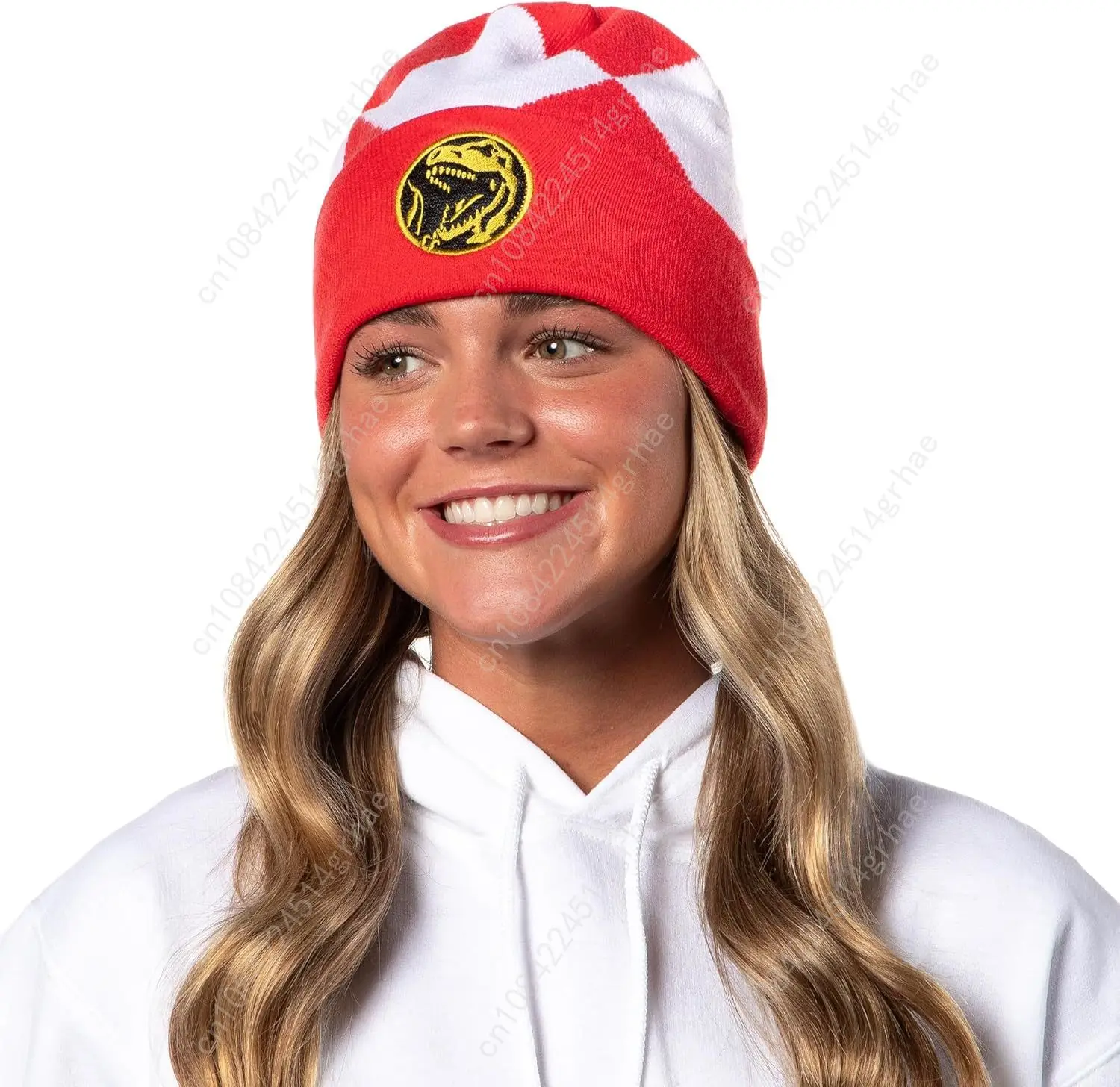 Rote Ranger-Mütze, Mighty Morphin Power Ranger, bestickte Dino-Münze, Strickmanschette, Erwachsenen-Mütze, Wintermütze, OSFM, für Männer und Frauen