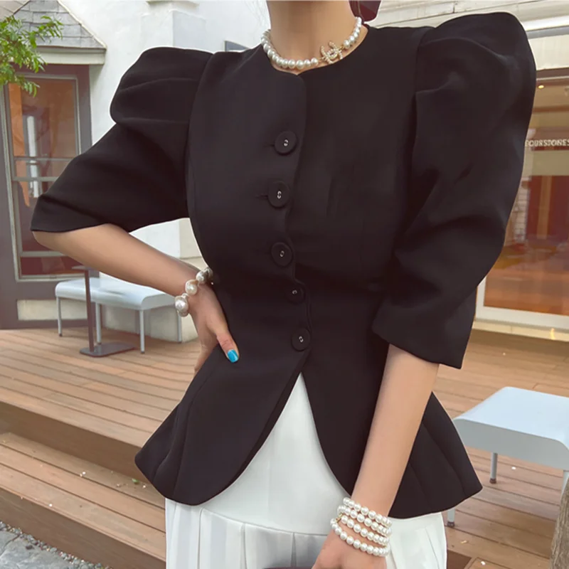 Elegant Women Blouses O-neck Puff Sleeve Tunic Shirts Solid Color Single Breasted Temperament Tops 2024 Blusas Mujer De Moda