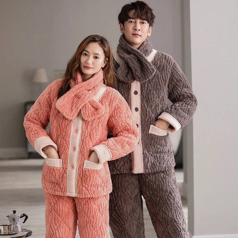 

Couple Coral Velvet Quilted Pajamas Sets Thick 3 Layers Pyjamas Winter Women Men Pajama Sets Long Sleeves Home Wear