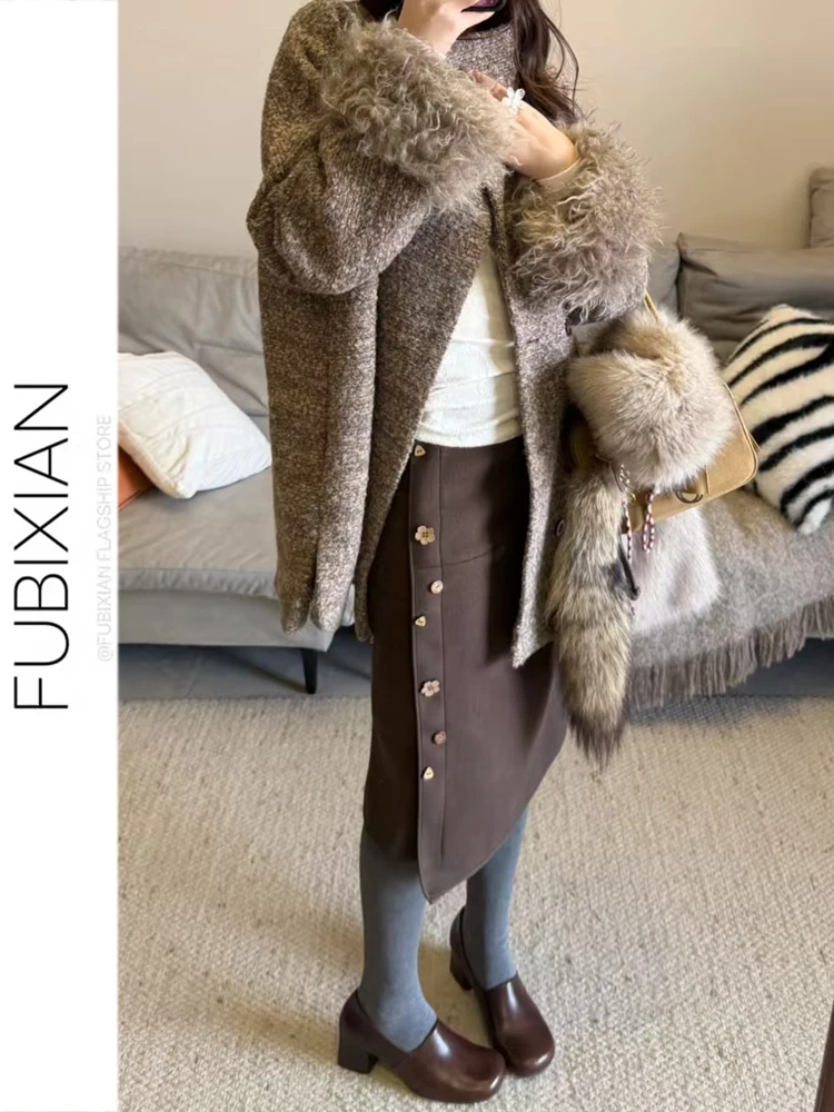 Retro Flutton Midi-rok voor dames Herfst Winter Bruin Afslankend Veelzijdig Zacht temperament Lange rok Hoge taille Stra...