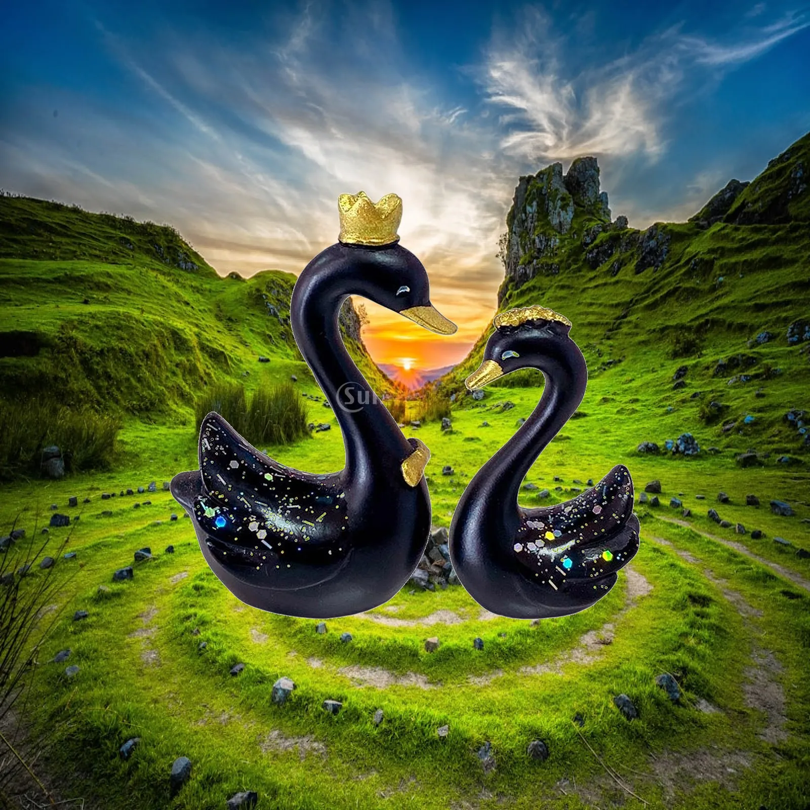 Resin Miniature Crown Swan Statue Figurine Crafted Sculpture Garden Table Top