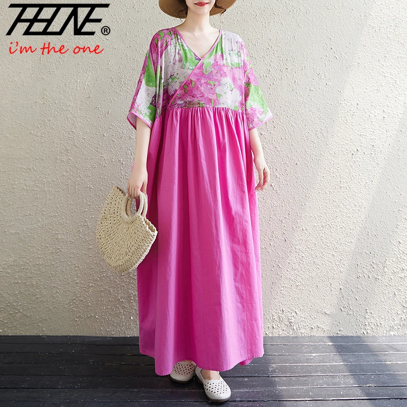 90KG Plus Size Dress for Women Summer Floral Casual Korean Style Loose Vintage Vestidos Para Mujer Robe Print Oversized Dresses