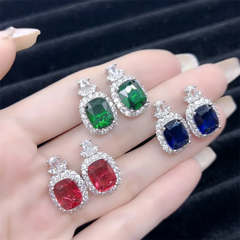 S925 pure silver sugar cake colored gemstone earrings, emerald and ruby imitation earrings, elegant and stylish, versatile, roya