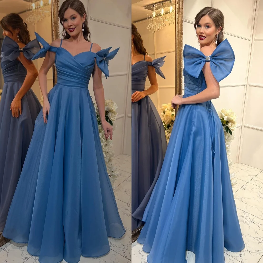 

Customized Exquisite Organza Pleat Bow A-line Spaghetti Strap Long Dresses Bespoke Occasion Modern Style