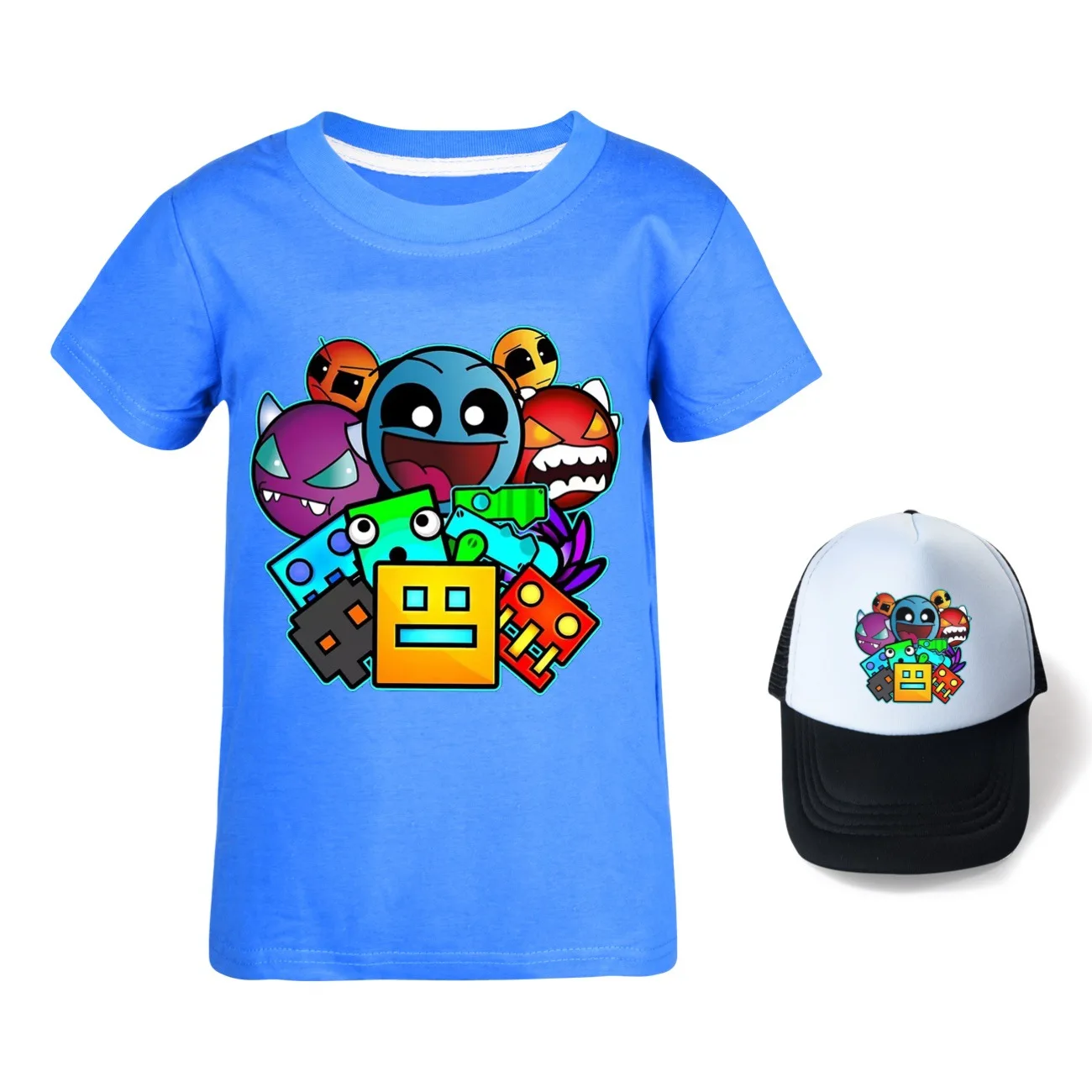 Game Geometry Dash T Shirt Summer Kids Cartoon Casual Clothes Junior Boys Short Sleeve Tops Baby Girls Fashion T-shirt&Sunhat