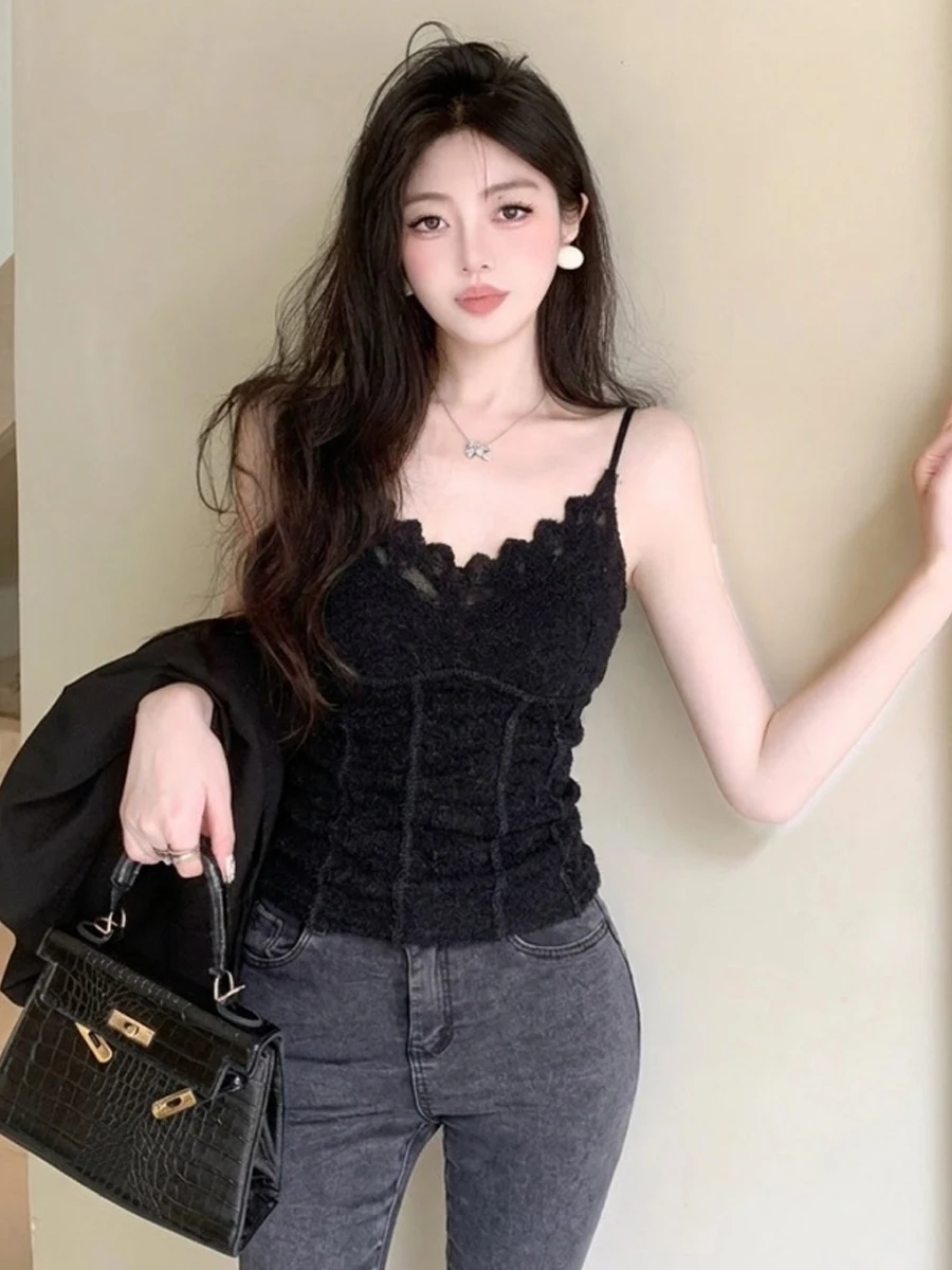 Slimming Effect Velvet Lace Strap Bridesmaid Vest Top Fashion Sexy  Clavicle Base Camisole Backless Design Breathable