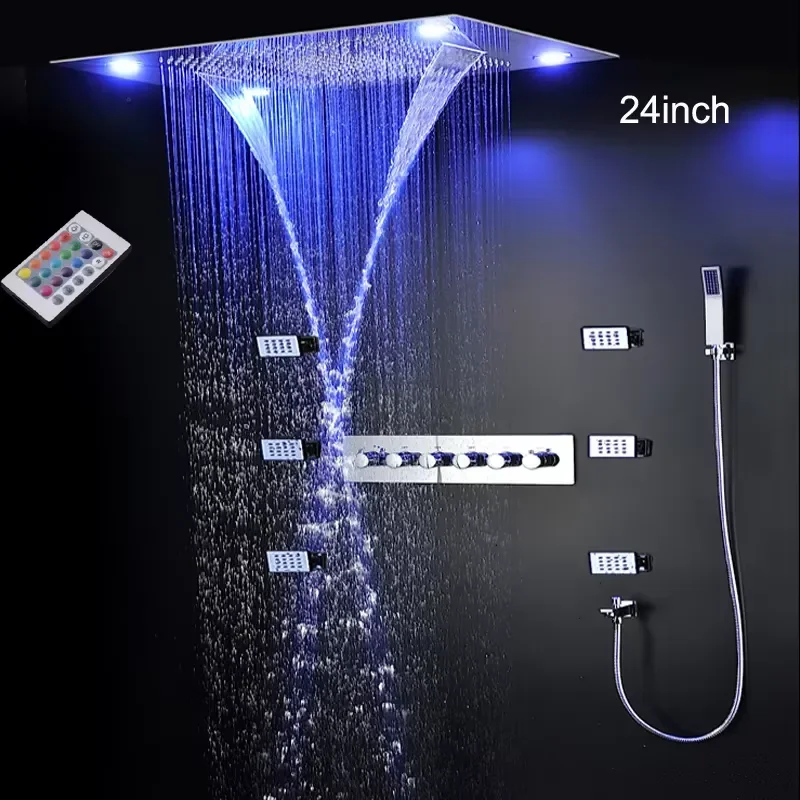 LED Shower Set 24 Inch Ceiling Rainfall Waterfall Shower Head Panel Thermostatic Mixer With Massage Jet Faucets System