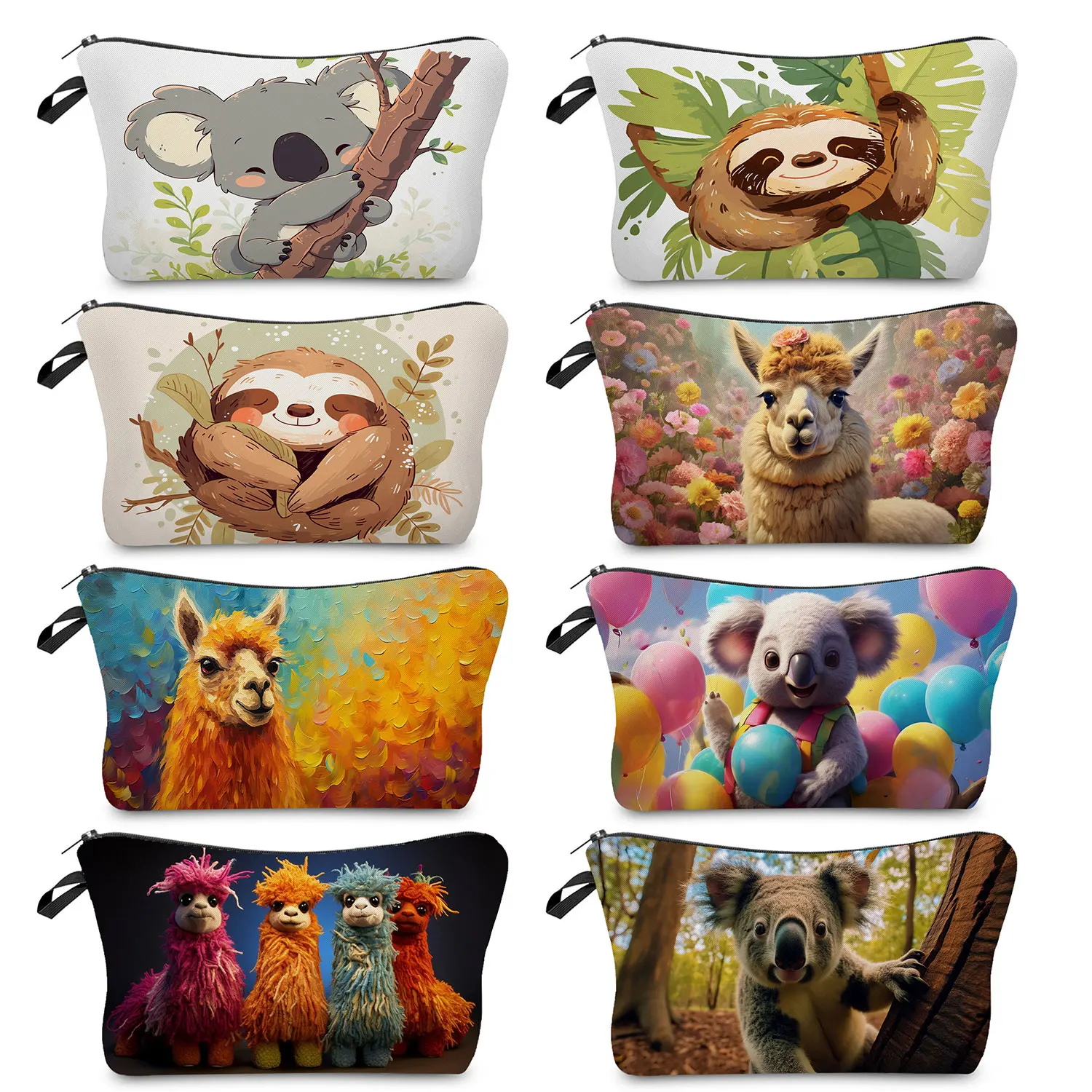 Alpaca Sloth Koala Print Makeup Bags Kawaii Animal Graphic Travel Toiletry Bags Portable Storage Bags Casual Zipper Cosmetic Bag