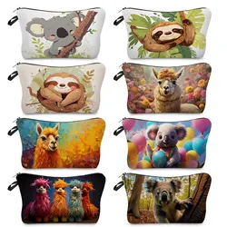 Alpaca Sloth Koala Print Makeup Bags Kawaii Animal Graphic Travel Toiletry Bags Portable Storage Bags Casual Zipper Cosmetic Bag