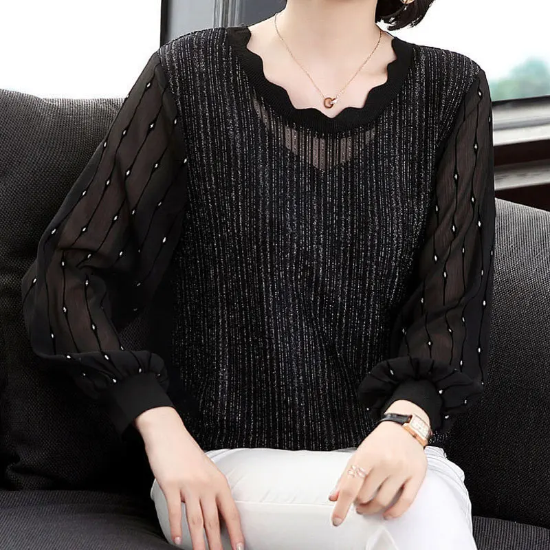 Female Clothing New Lace Hollow Out T-shirt Spring Autumn Bright Line Decoration All-match Loose Spliced Korean O-Neck Pullovers