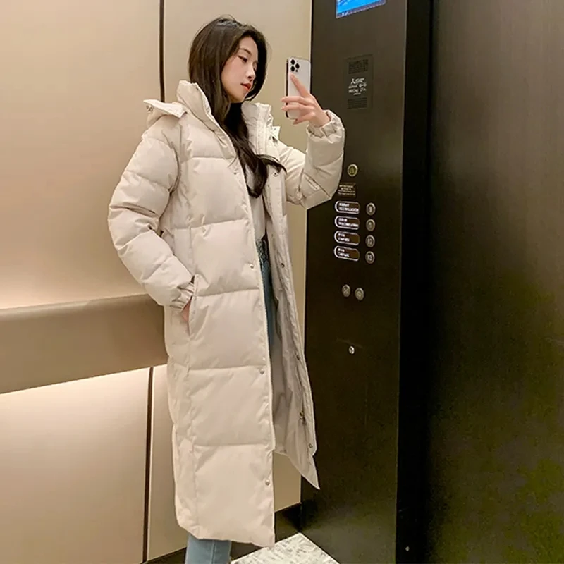 Fashion Long Down Cotton Jacket Women's Outerwear Winter Hooded Windproof Black Parkas Student Loose Casual Snow Overcoat Female