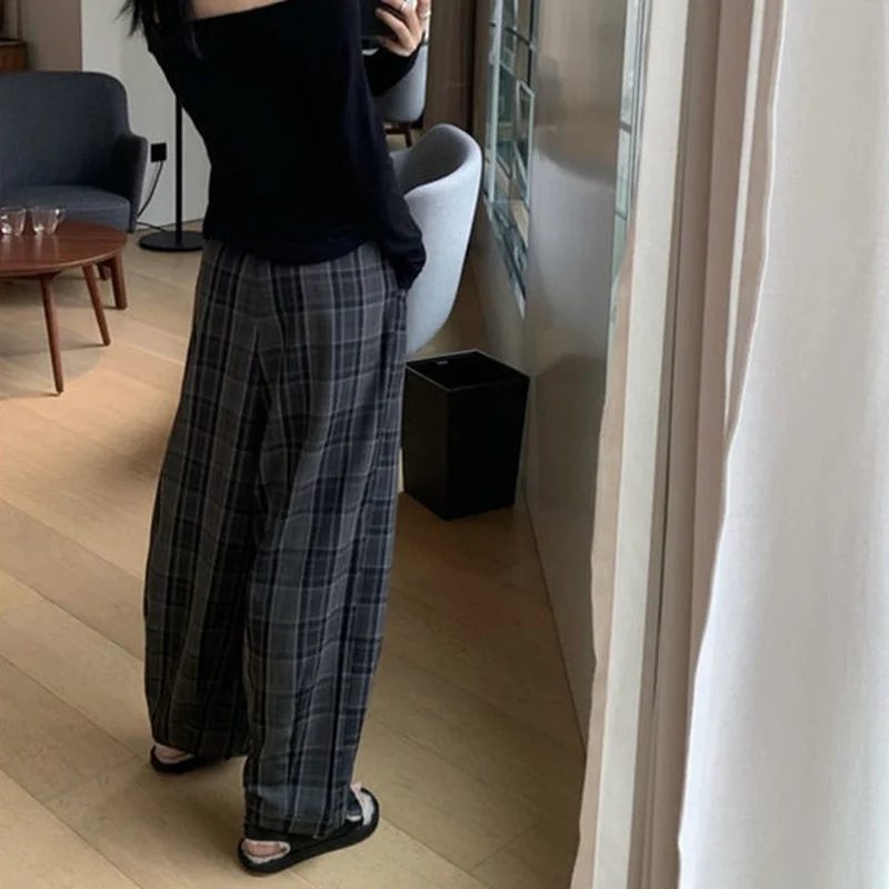 Wide Leg Pants Women Plaid Baggy Harajuku All-match Basic Vintage Female Trousers Spring Autumn Pockets Unisex Japanese Style