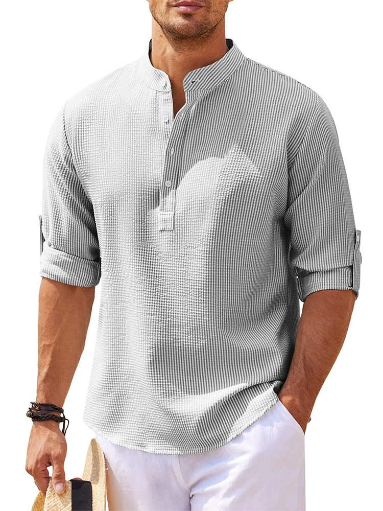 Chemise à col Henley en coton et lin pour hommes, pull monochrome, manches longues, t-shirt décontracté, automne, nouveau