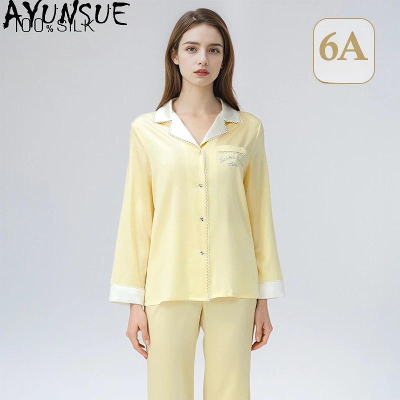 

AYUNSUE 19 мм, 100% шелковая пижама из тутового шелкопряда для женщин, весенне-летняя одежда, комплект пижамы с длинными рукавами, повседневные брюки, пижама Feminino