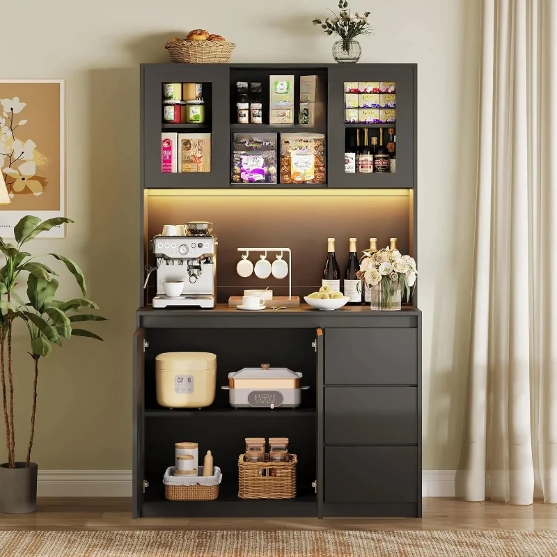 71 in Tall Kitchen Pantry Cabinet, Kitchen Storage Hutch with Led Lights and Power Outlets, Microwave Stand, Glass Door, Adjusta