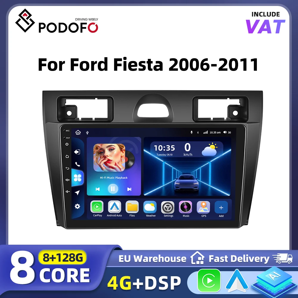 Rádio Multimídia Android Podofo 2 din para Carro, Estéreo para Ford Fiesta Mk5 2002-2008, Carplay, Autorádio, Unidade Principal GPS, Rádio FM