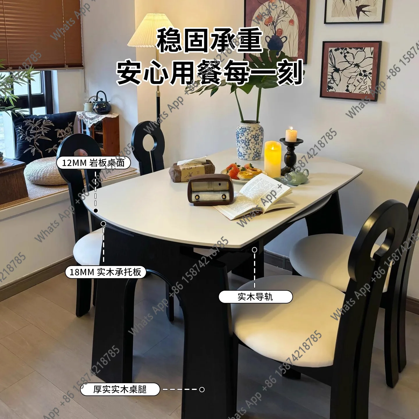 French retro style retractable solid wood rock slab dining table household small apartment square and round dual-purpose variabl