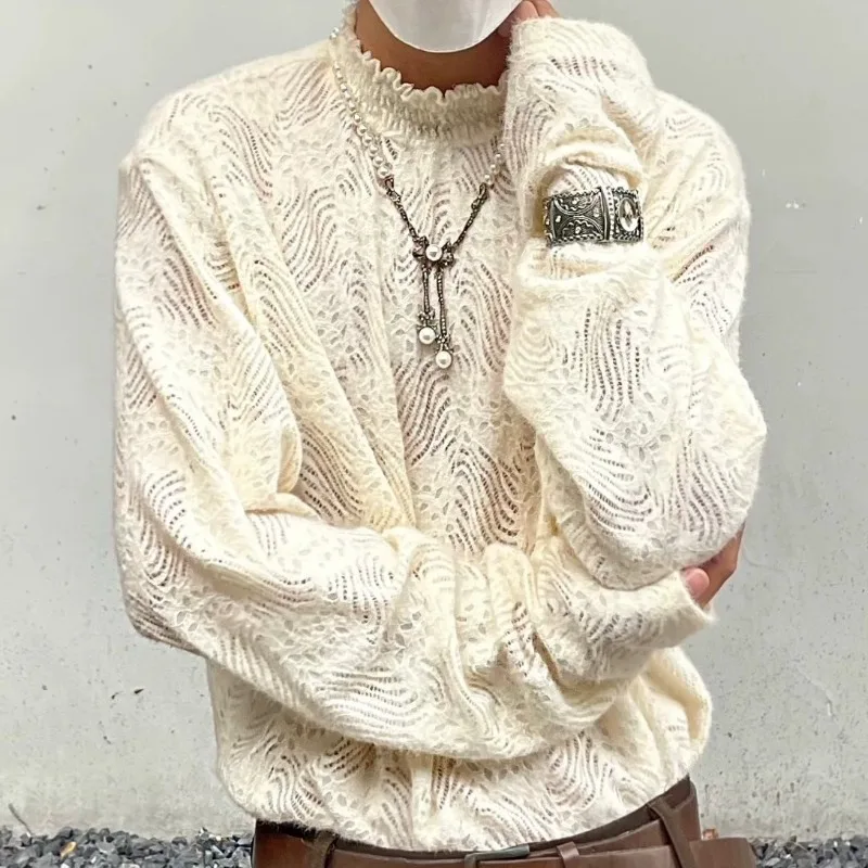 Japanese Half Collar Lace Base Pullovers New Unisex Style Knitted Long Sleeved T-shirt Men Hollowed Out Temperament Thin Sweater