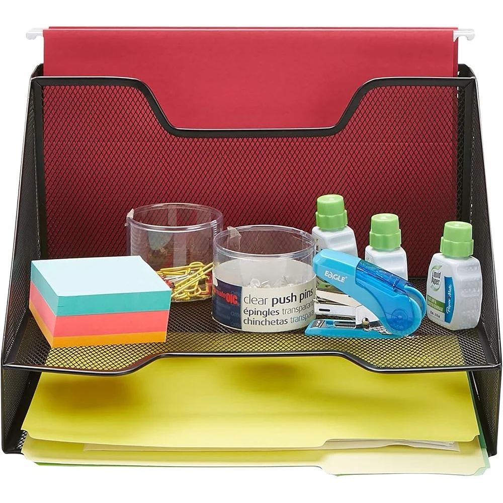 3 Section Mesh Desk Organizer File Tray Papers Folders Stationery Accessories Sturdy Metal Design Office Storage Solution
