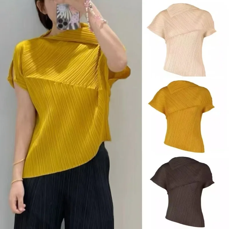 

Miyake, новая летняя плиссированная женская футболка, топы с короткими рукавами, однотонная темпераментная эластичная одежда, японская одежда
