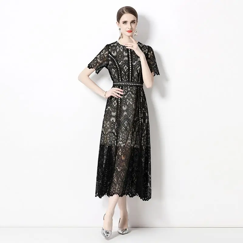 

2023 Fashion Runway Summer Short Sleeve Lace Dress Women O-Neck Water Soluble Lace Embroidery Hollow Out Black Dress N6922