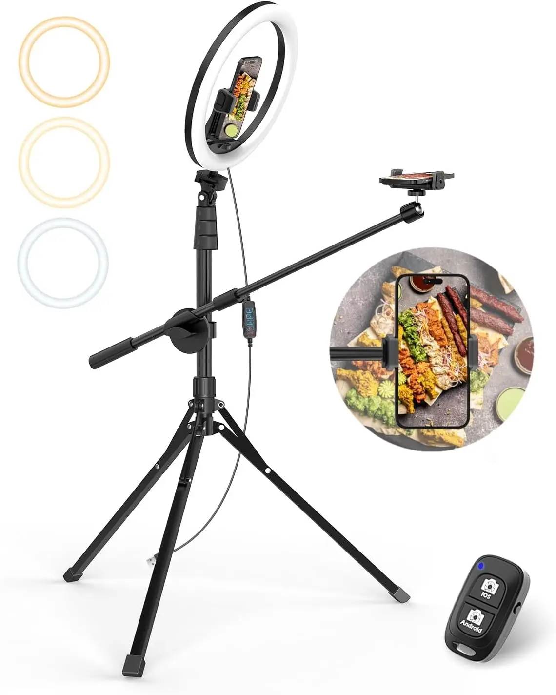 

12" Ring Light with Overhead Phone Mount, Selfie Light with Stand,62" Tripod for iPhone with Light and Phone Holder for
